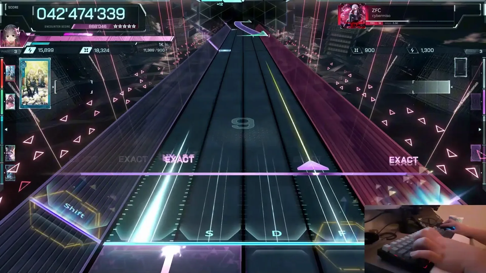 Triple EXACT streams In Falsus ZFC FBD 12 three white note streams landing as three simultaneous EXACT tags with gold hexagon cells firing under the Shift lane