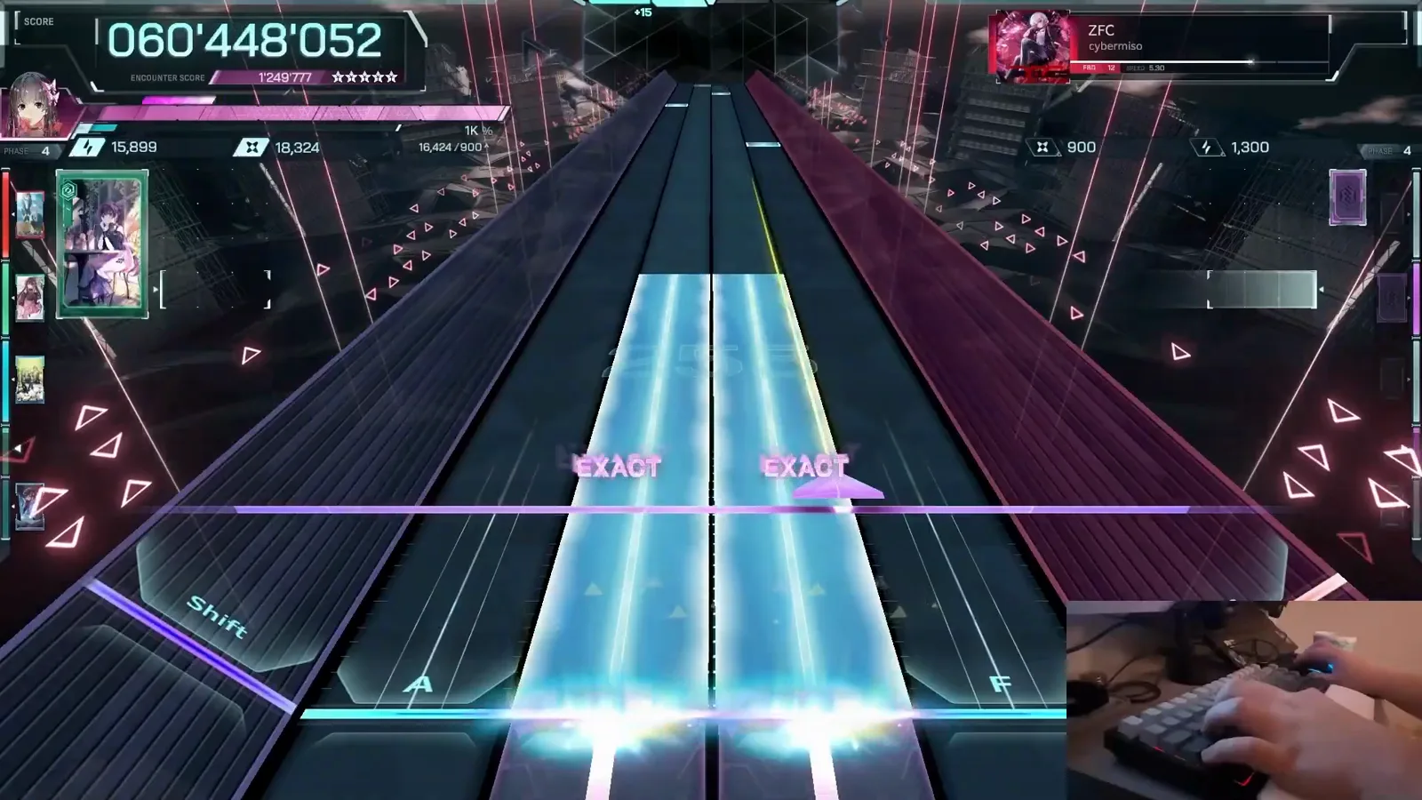 PHASE 4 — twin cyan wides In Falsus ZFC FBD 12 in PHASE 4 with twin cyan wide beams and the encounter counter at 1'249'777 with five stars